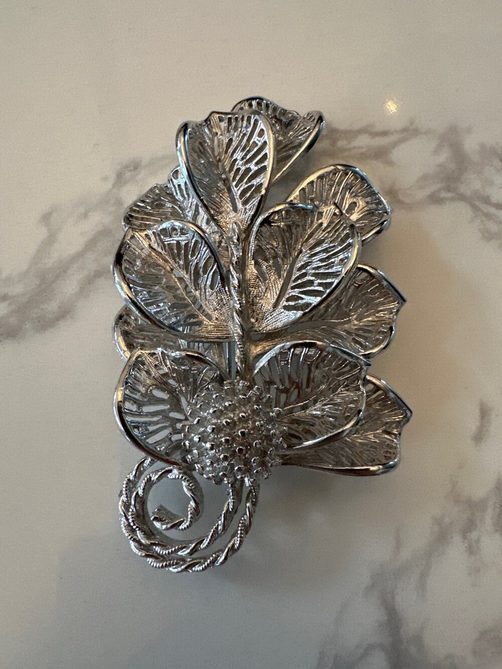 Signed Vintage Judy Lee Silver-Tone Openwork Floral Brooch